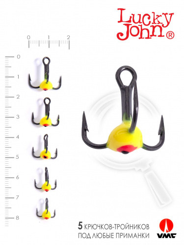 Крючоки-тройники для приманок Lucky John 02SET с каплей цвет. 5шт. набор фото 3