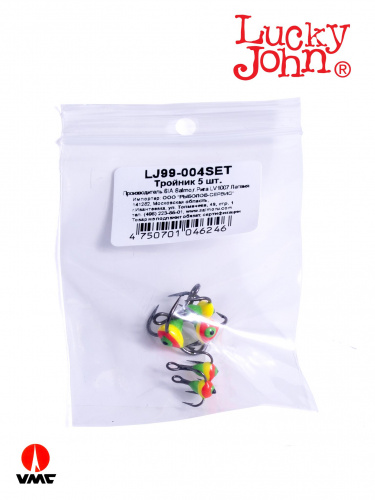 Крючоки-тройники для приманок Lucky John 04SET с каплей цвет. 5шт. набор фото 2