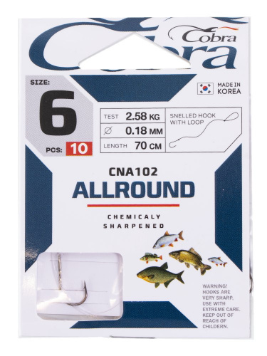 Крючки с поводком Cobra ALLROUND 70cm, 0,18mm, разм.6, 10шт.