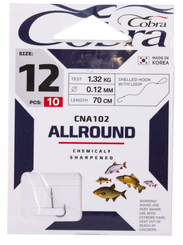 Крючки с поводком Cobra ALLROUND 70cm, 0,12mm, разм.12, 10шт.