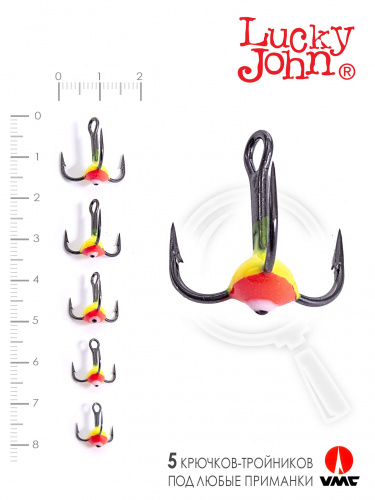 Крючоки-тройники для приманок Lucky John 03SET с каплей цвет. 5шт. набор фото 3